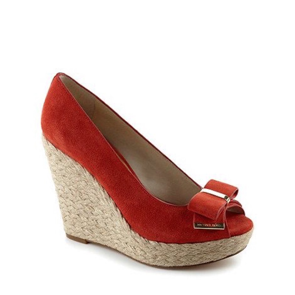 Michael Kors Meg Orange Suede Espadrille Wedge Peep Toe Bow Heels Women’s 9.5